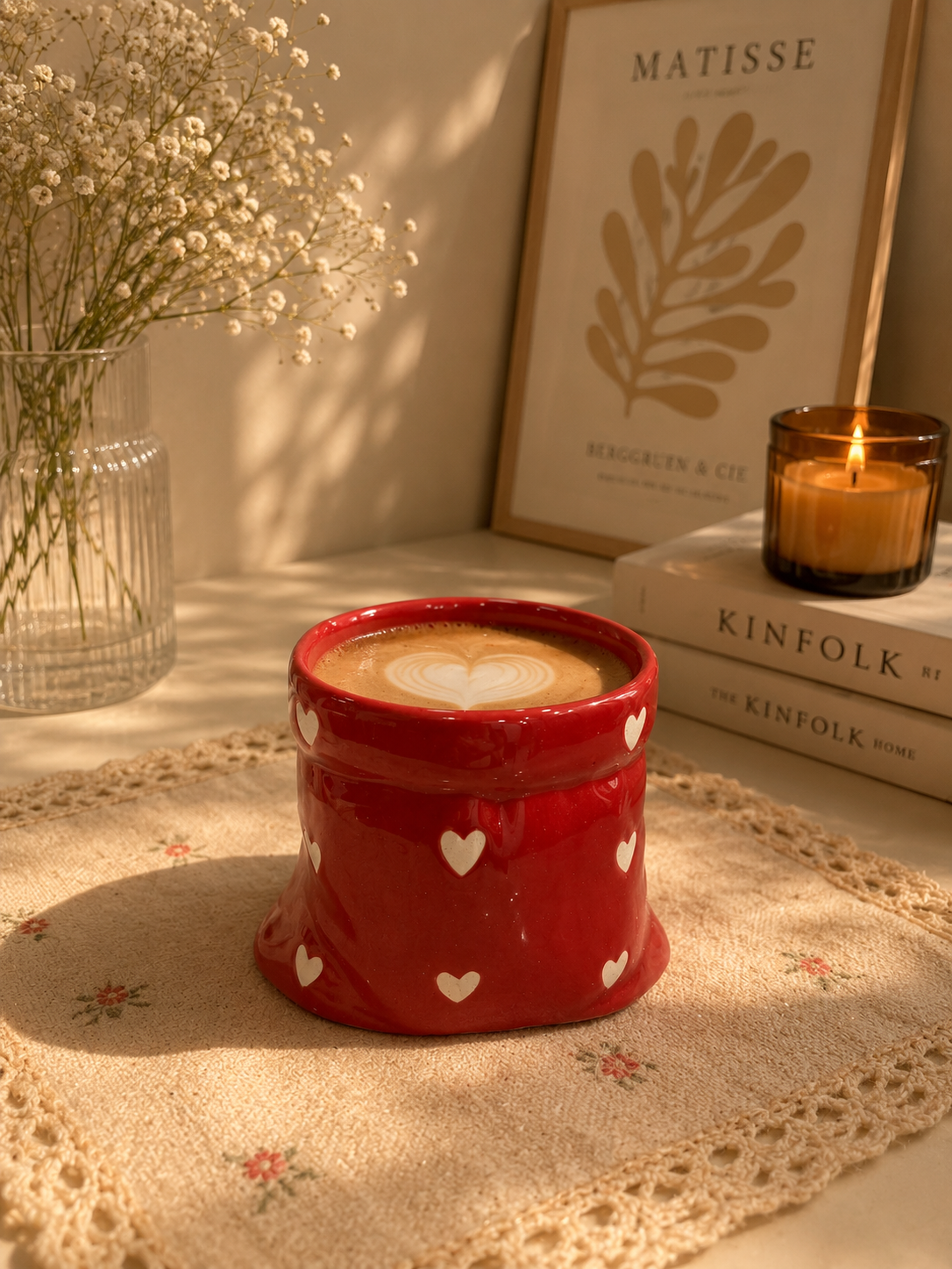 Red Ceramic Pouch Mug with Hearts