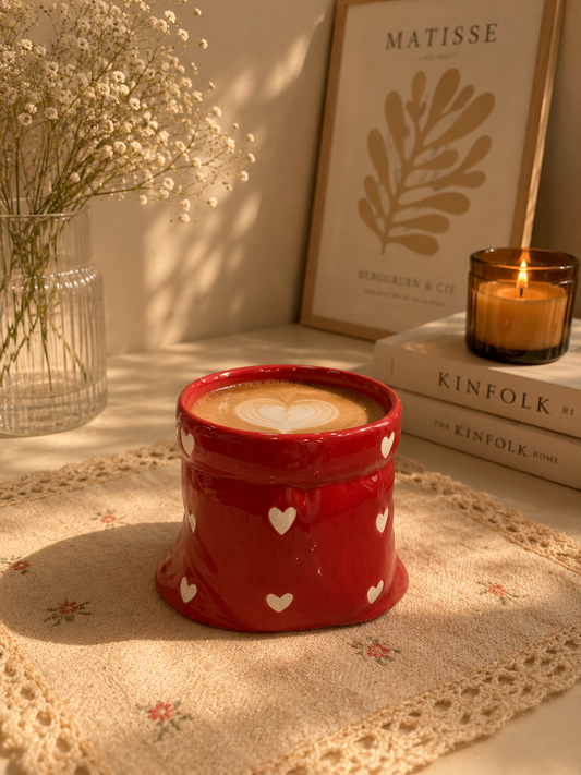 Red Ceramic Pouch Mug with Hearts