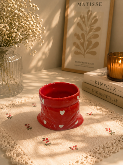 Red Ceramic Pouch Mug with Hearts