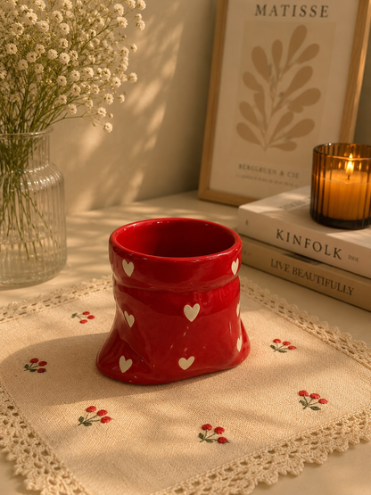 Red Ceramic Pouch Mug with Hearts
