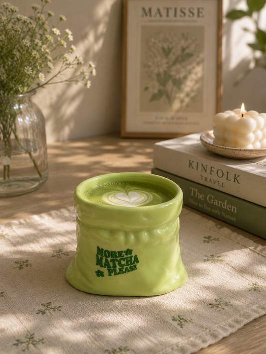 More Matcha Please- Green Ceramic Pouch Mug with UV DTF Sticker