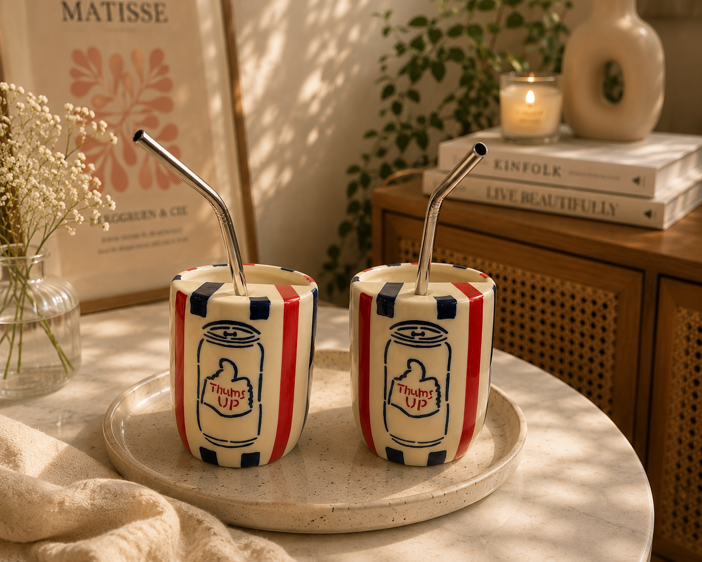 Thums Up Ceramic Sipper/Tumbler - with stainless steel straw (Set of 2)
