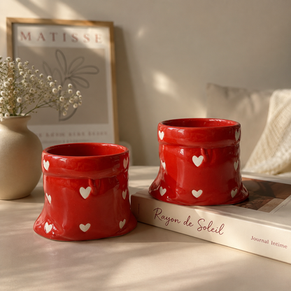 Red Ceramic Pouch Mug with Hearts (Set of 2)
