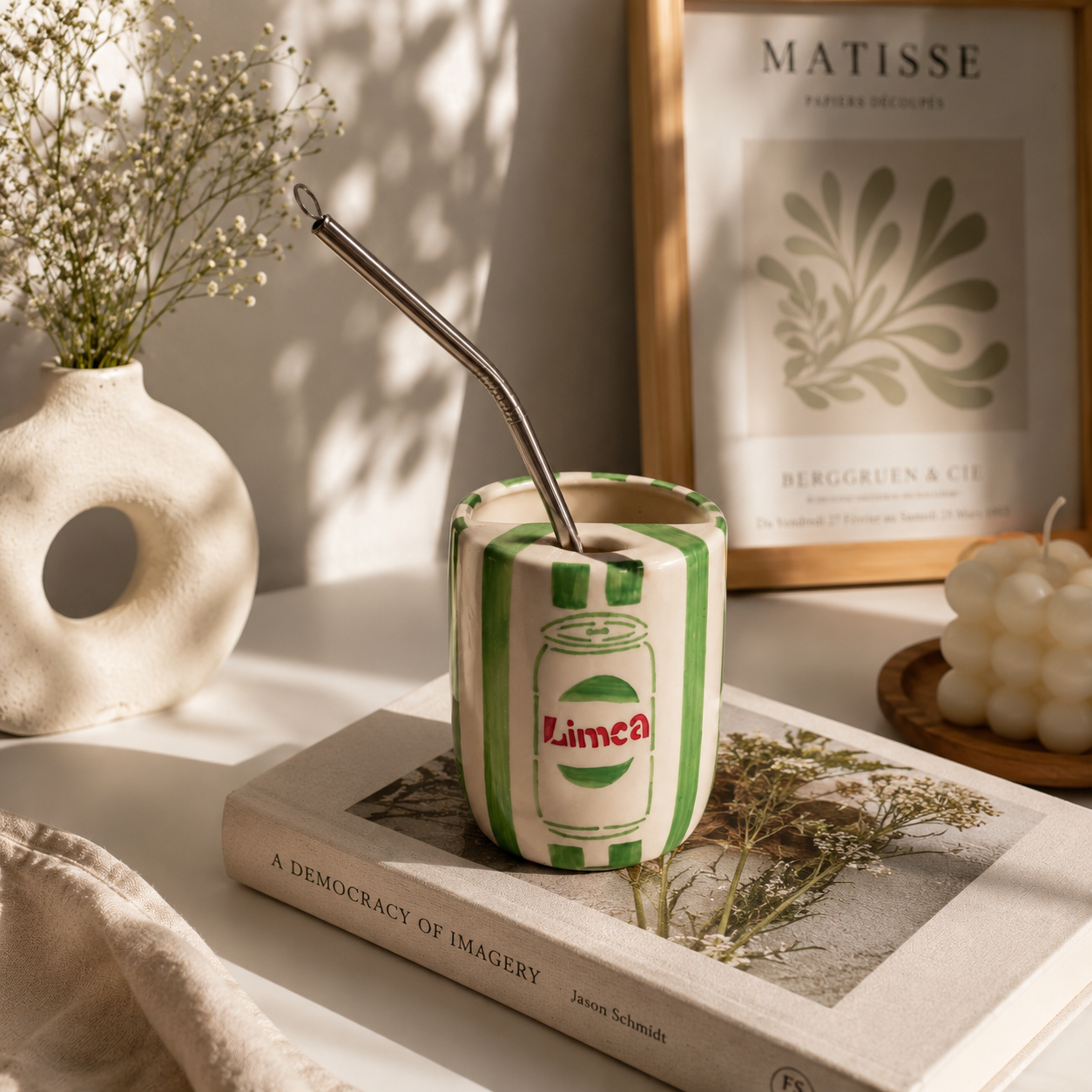 Light Green Limca Ceramic Sipper/Tumbler - with stainless steel straw