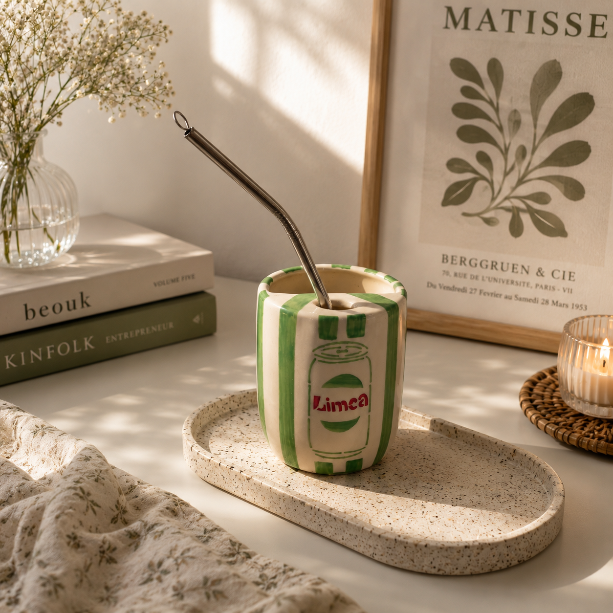 Light Green Limca Ceramic Sipper/Tumbler - with stainless steel straw