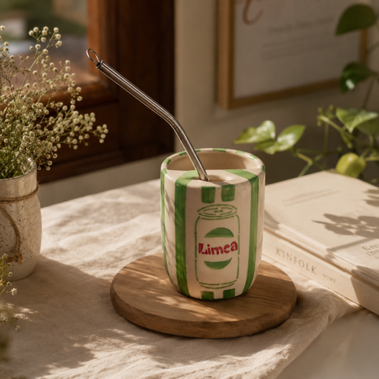 Light Green Limca Ceramic Sipper/Tumbler - with stainless steel straw