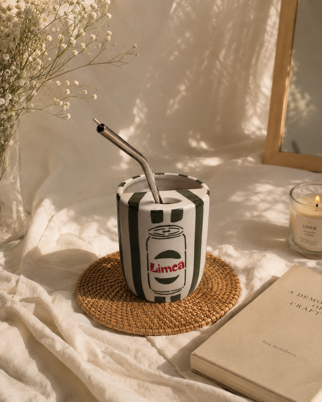 Dark Green Limca Ceramic Sipper/Tumbler - with stainless steel straw