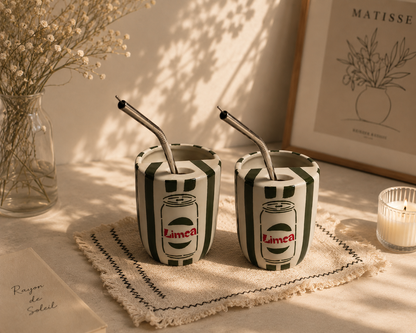 Dark Green Limca Ceramic Sipper/Tumbler - with stainless steel straw (Set of 2)