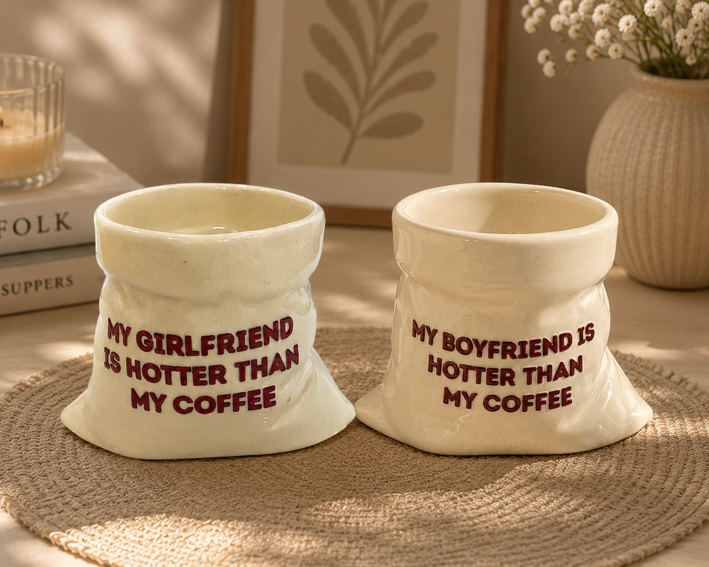 Boyfriend & Girlfriend- White Ceramic Pouch Mug with UV DTF Sticker- Set of 2