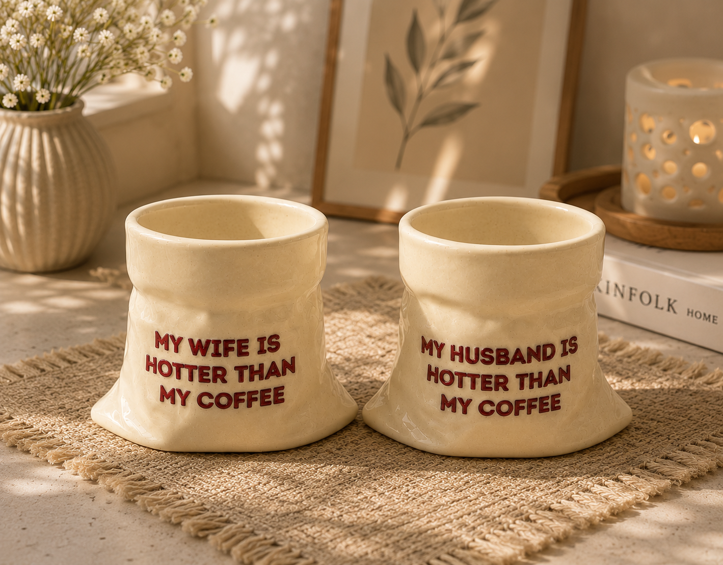 Husband & Wife- White Ceramic Pouch Mug with UV DTF Sticker- Set of 2