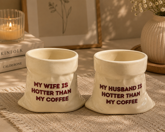 Husband & Wife- White Ceramic Pouch Mug with UV DTF Sticker- Set of 2