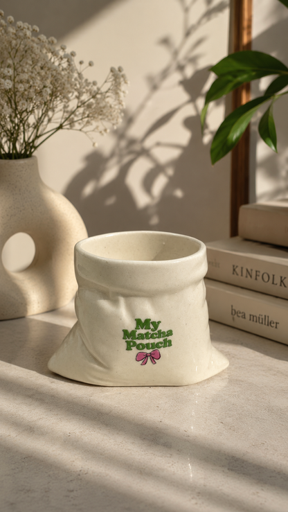 My Matcha Pouch- White Ceramic Pouch Mug with UV DTF Sticker