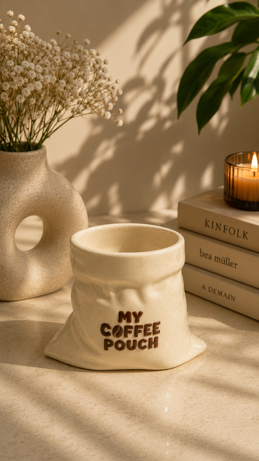 My Coffee Pouch- White Ceramic Pouch Mug with UV DTF Sticker