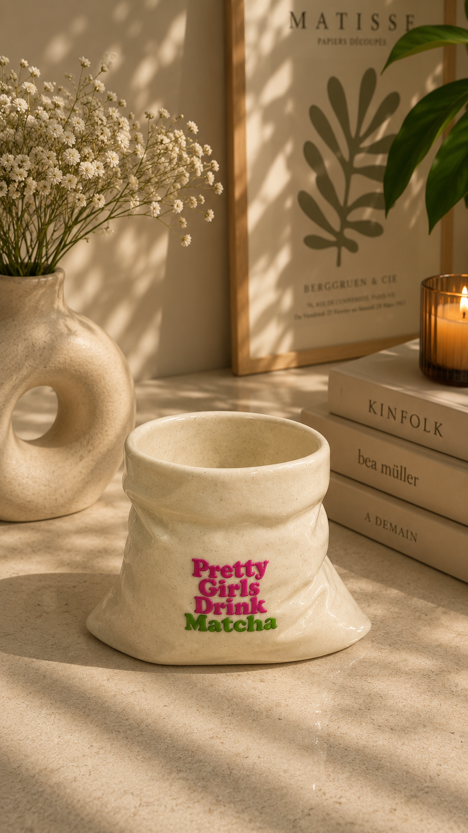 Pretty Girls Drink Matcha- White Ceramic Pouch Mug with UV DTF Sticker