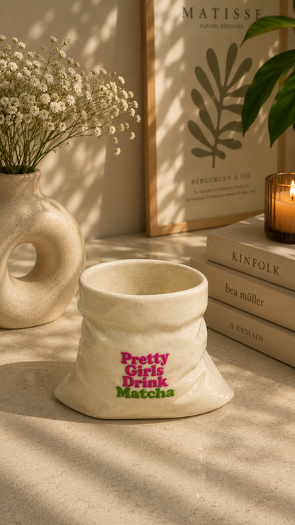 Pretty Girls Drink Matcha- White Ceramic Pouch Mug with UV DTF Sticker