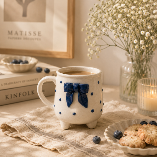 Blue Bow Ceramic Cup with Legs