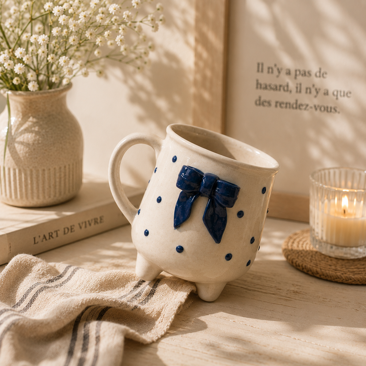 Blue Bow Ceramic Cup with Legs
