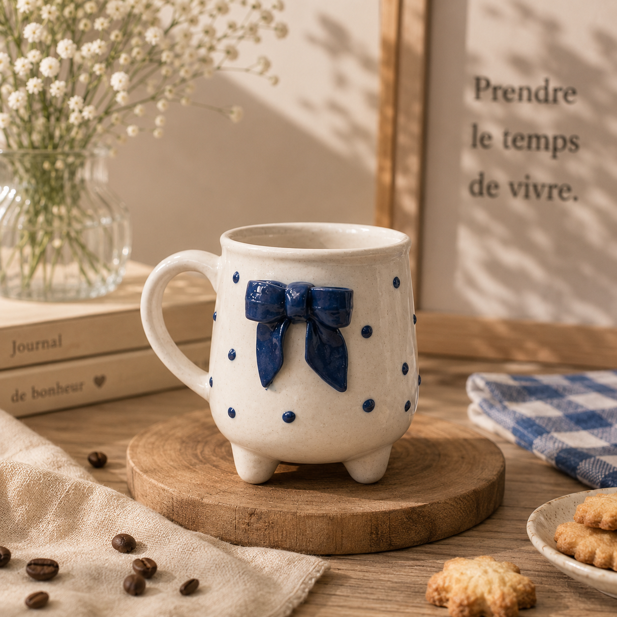 Blue Bow Ceramic Cup with Legs