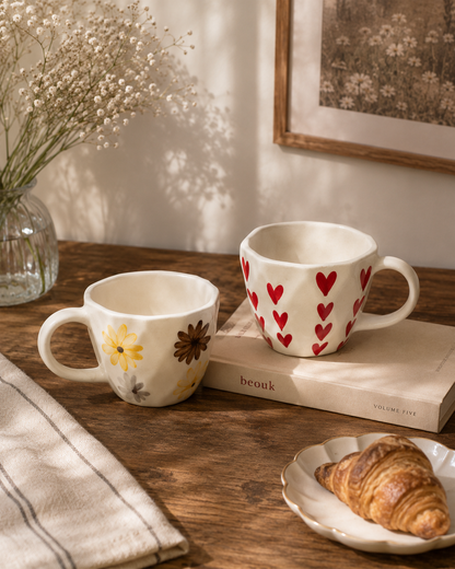 Brown yellow flower & Heart Design Coffee Mugs (set of 2)