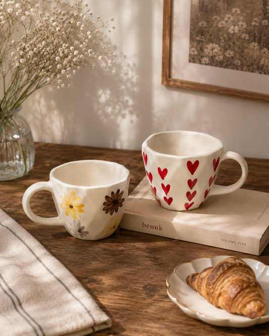 Brown yellow flower & Heart Design Coffee Mugs (set of 2)