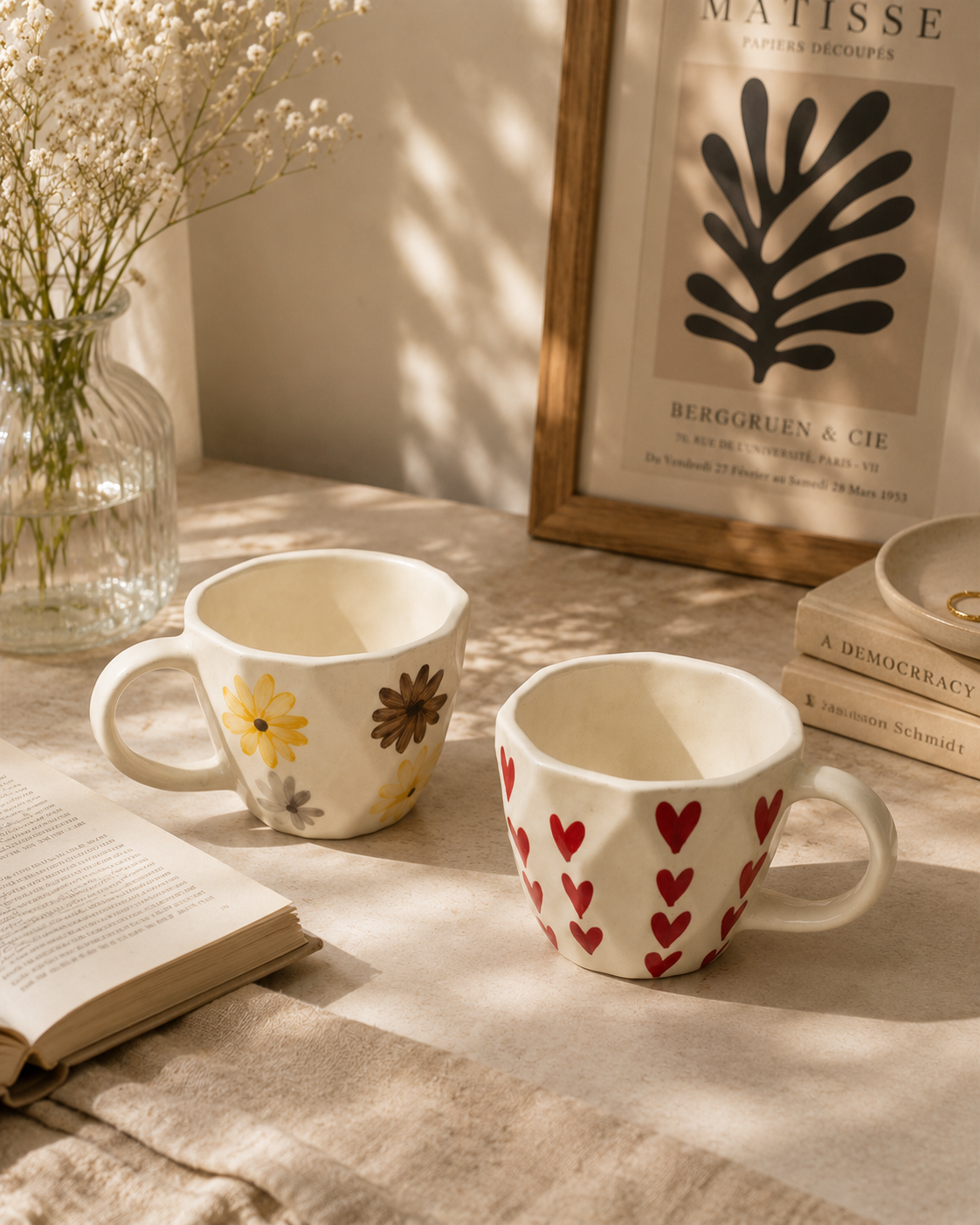 Brown yellow flower & Heart Design Coffee Mugs (set of 2)