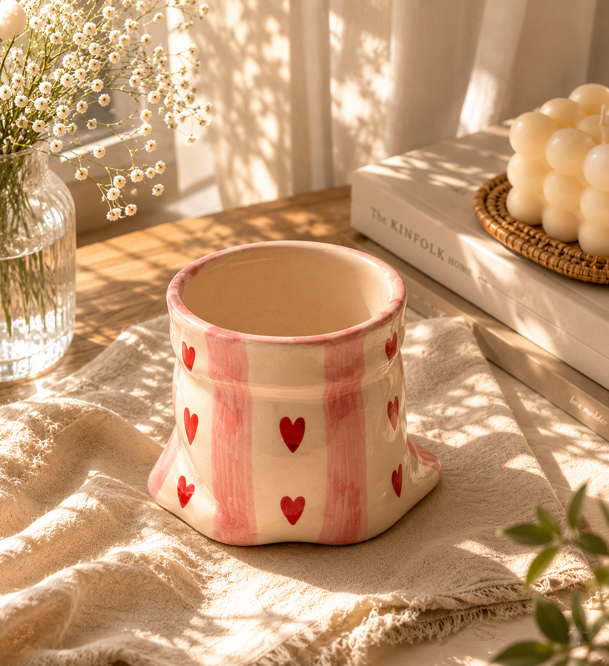 Handmade Heart Print Ceramic Pouch Coffee Mug – Aesthetic Pink Striped Tea Cup for Coffee Milk Espresso, Cute Pottery Style Designer Mug for Women Girls Home Café Use