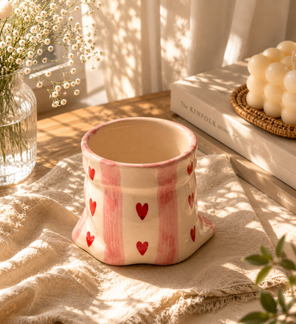 Handmade Heart Print Ceramic Pouch Coffee Mug – Aesthetic Pink Striped Tea Cup for Coffee Milk Espresso, Cute Pottery Style Designer Mug for Women Girls Home Café Use