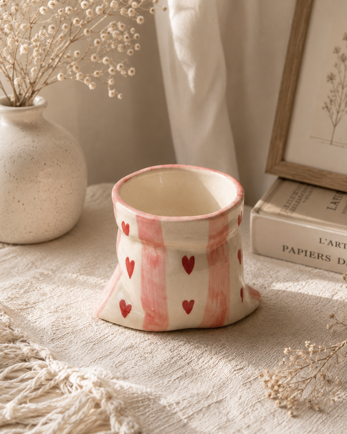 Handmade Heart Print Ceramic Pouch Coffee Mug – Aesthetic Pink Striped Tea Cup for Coffee Milk Espresso, Cute Pottery Style Designer Mug for Women Girls Home Café Use