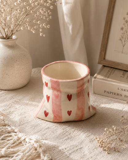 Handmade Heart Print Ceramic Pouch Coffee Mug – Aesthetic Pink Striped Tea Cup for Coffee Milk Espresso, Cute Pottery Style Designer Mug for Women Girls Home Café Use