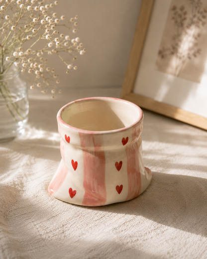 Handmade Heart Print Ceramic Pouch Coffee Mug – Aesthetic Pink Striped Tea Cup for Coffee Milk Espresso, Cute Pottery Style Designer Mug for Women Girls Home Café Use