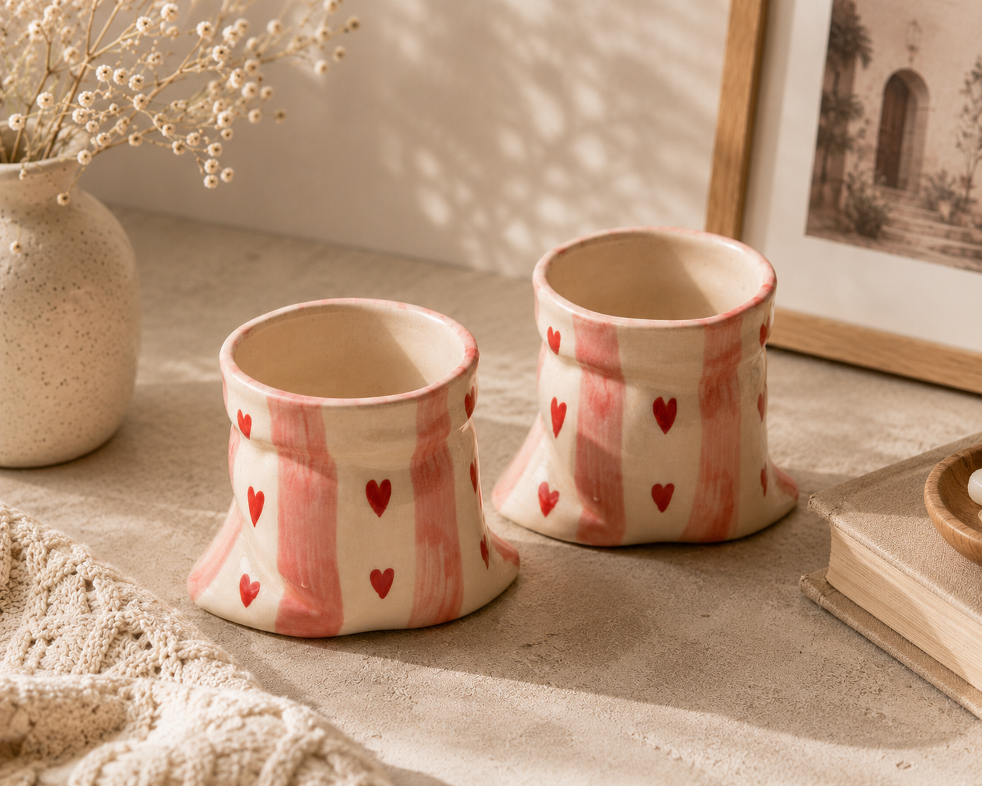 Pink stripes Heart Print Ceramic Pouch Mug (Set of 2)