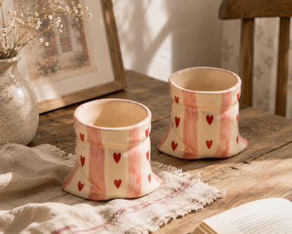 Pink stripes Heart Print Ceramic Pouch Mug (Set of 2)