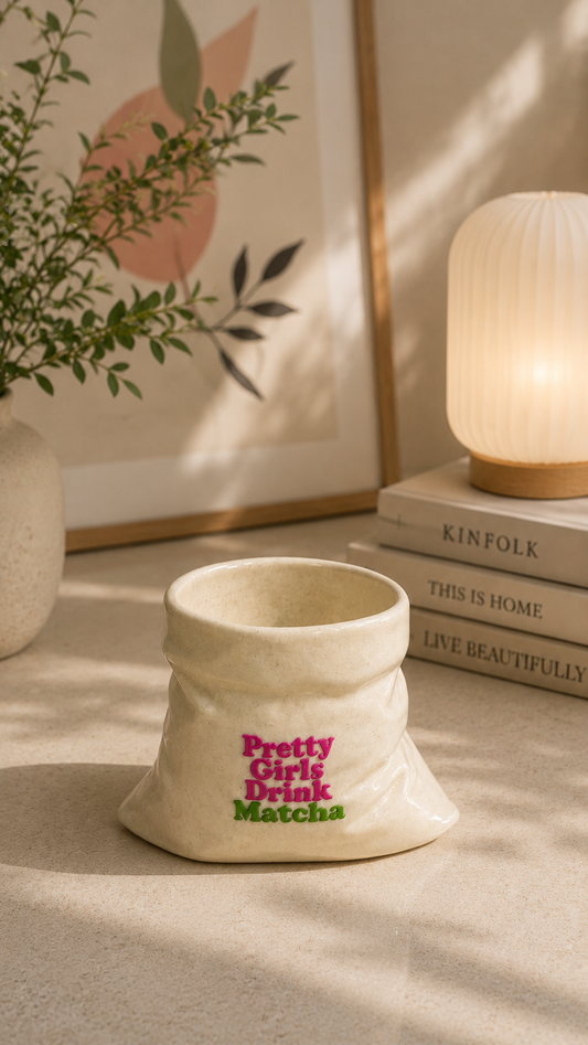 Pretty Girls Drink Matcha- White Ceramic Pouch Mug with UV DTF Sticker