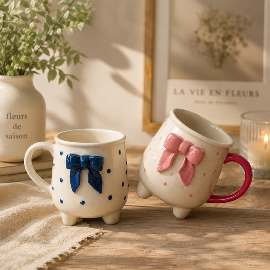 Pink Bow & Blue Bow Cup with Legs Ceramic Mug (Set of 2)