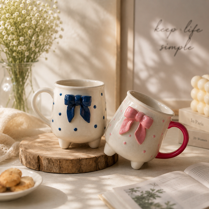 Pink Bow & Blue Bow Cup with Legs Ceramic Mug (Set of 2)