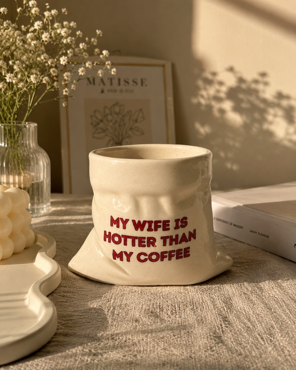 My Wife is Hotter than my Coffee- White Ceramic Pouch Mug with UV DTF Sticker