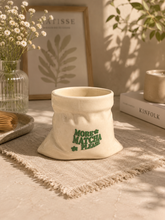 More Matcha Please- White Ceramic Pouch Mug with UV DTF Sticker