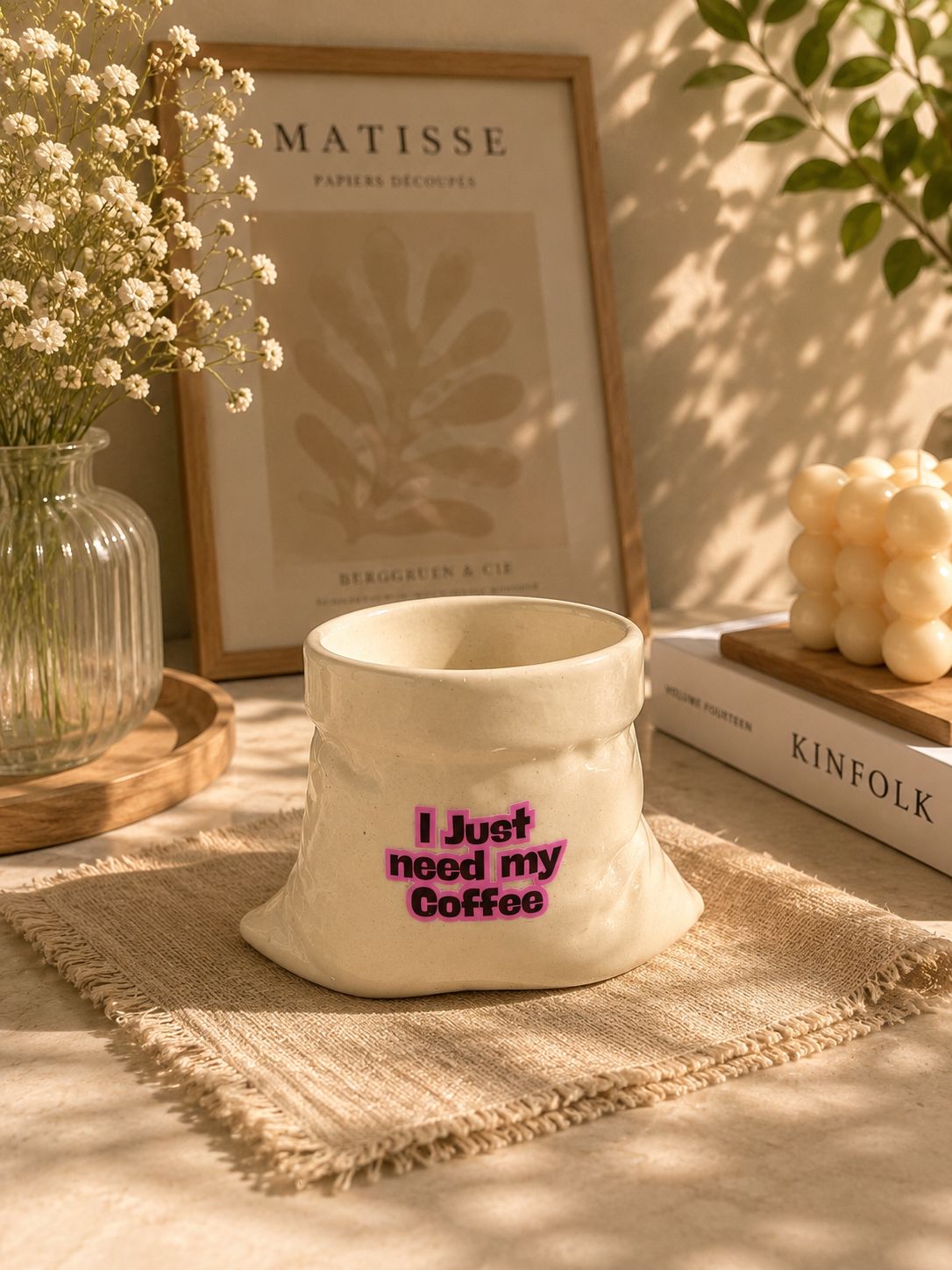 I Just Need my Coffee- White Ceramic Pouch Mug with UV DTF Sticker