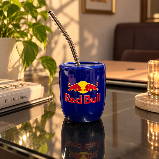Red Bull Ceramic Sipper/Tumbler- with stainless steel straw- UV DTF Sticker