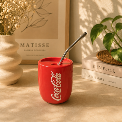Coke Ceramic Sipper/Tumbler- Red Colour - with stainless steel straw- UV DTF Sticker