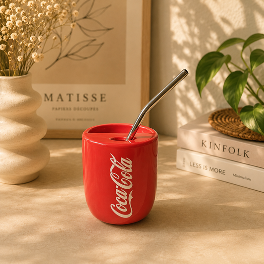 Coca-Cola Ceramic Sipper/Tumbler- Red Colour - with stainless steel straw- UV DTF Sticker