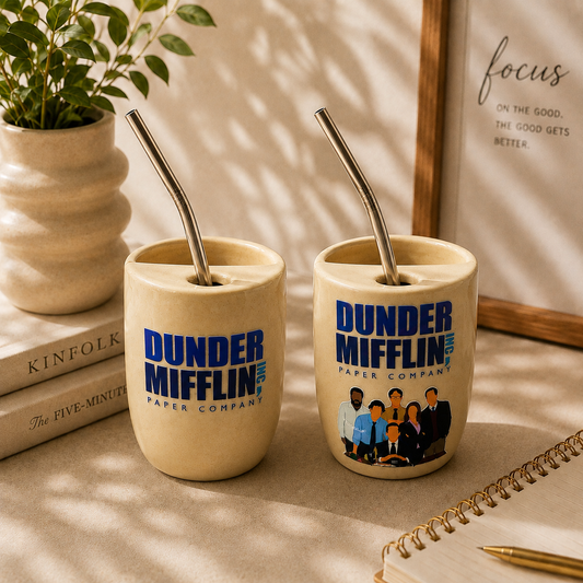 Dunder Mifflin- Inspired Ceramic/Tumbler- with stainless steel straw- Duo- UV DTF Stickers