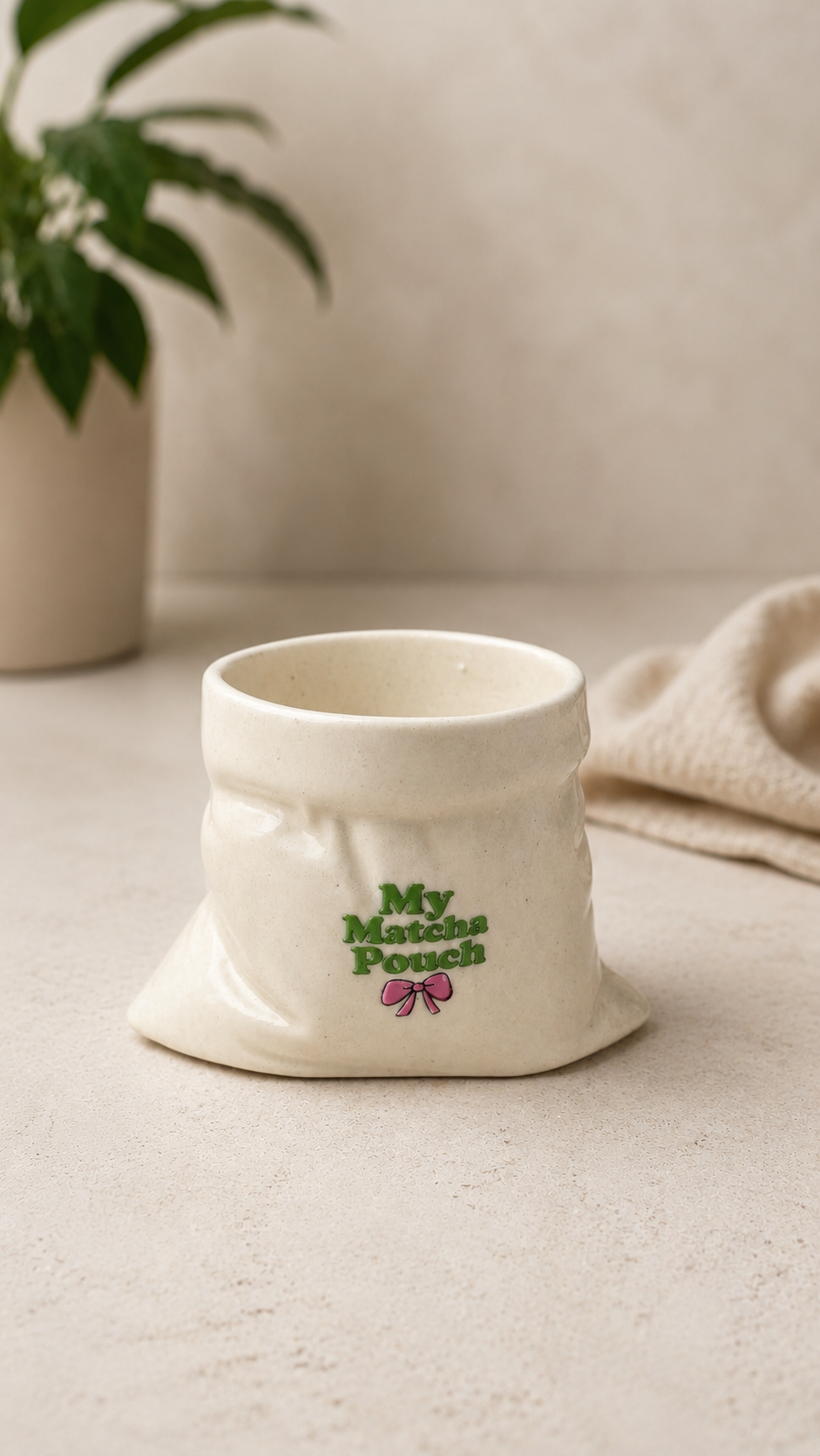 My Matcha Pouch- White Ceramic Pouch Mug with UV DTF Sticker