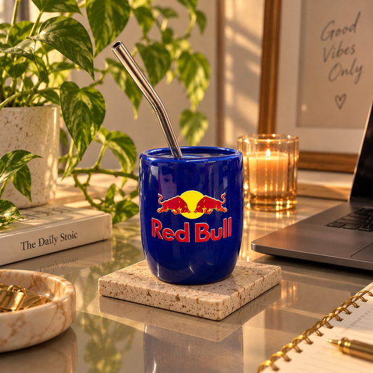Red Bull Ceramic Sipper/Tumbler- with stainless steel straw- UV DTF Sticker