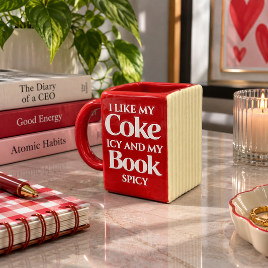 I Like my Coke Icy & Book Spicy- Red Ceramic Book Mug- UV DTF Stickers