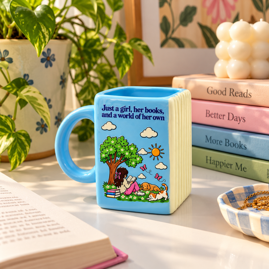 Just a Girl & Her Books- Blue Ceramic Book Mug- UV DTF Stickers