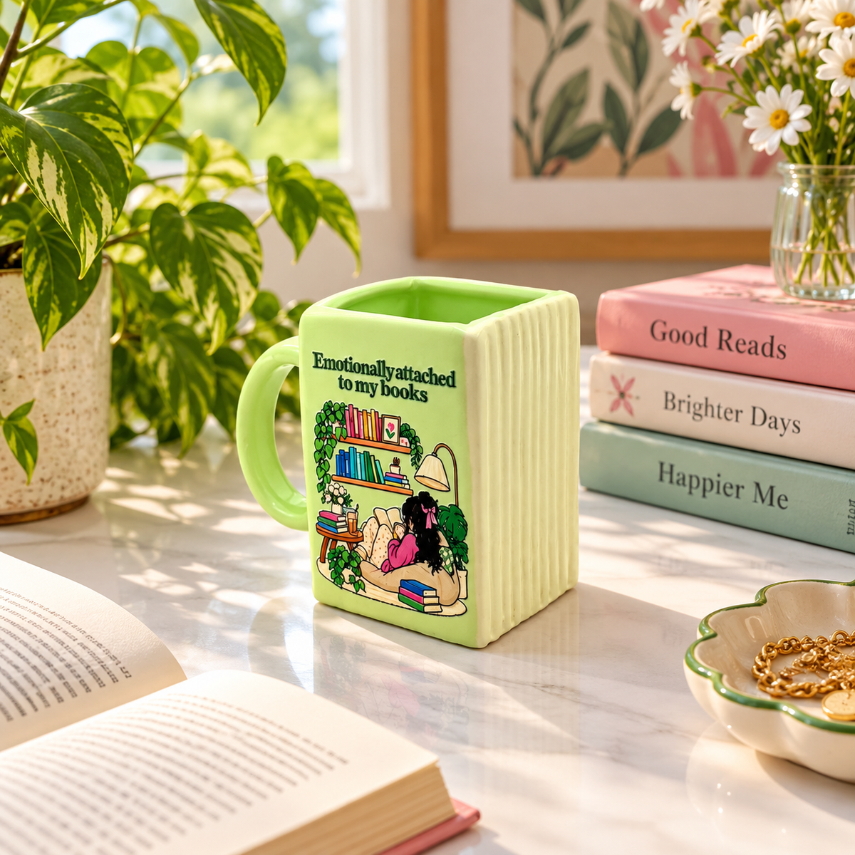 Emotionally Attached to Books- Green Ceramic Book Mug- UV DTF Stickers