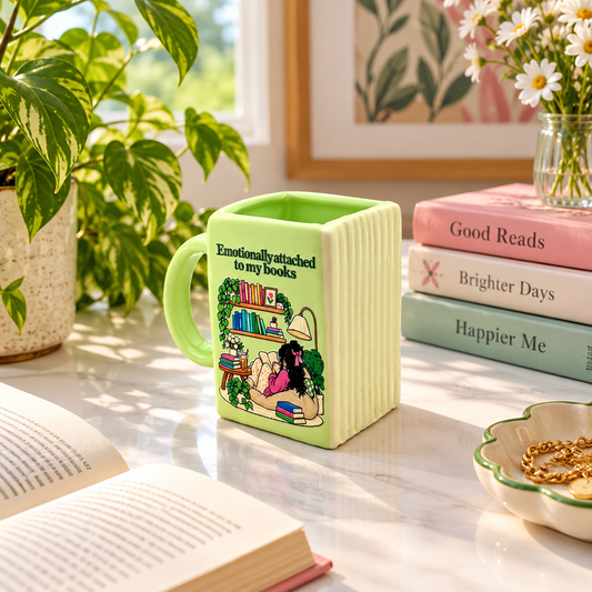 Emotionally Attached to Books- Green Ceramic Book Mug- UV DTF Stickers