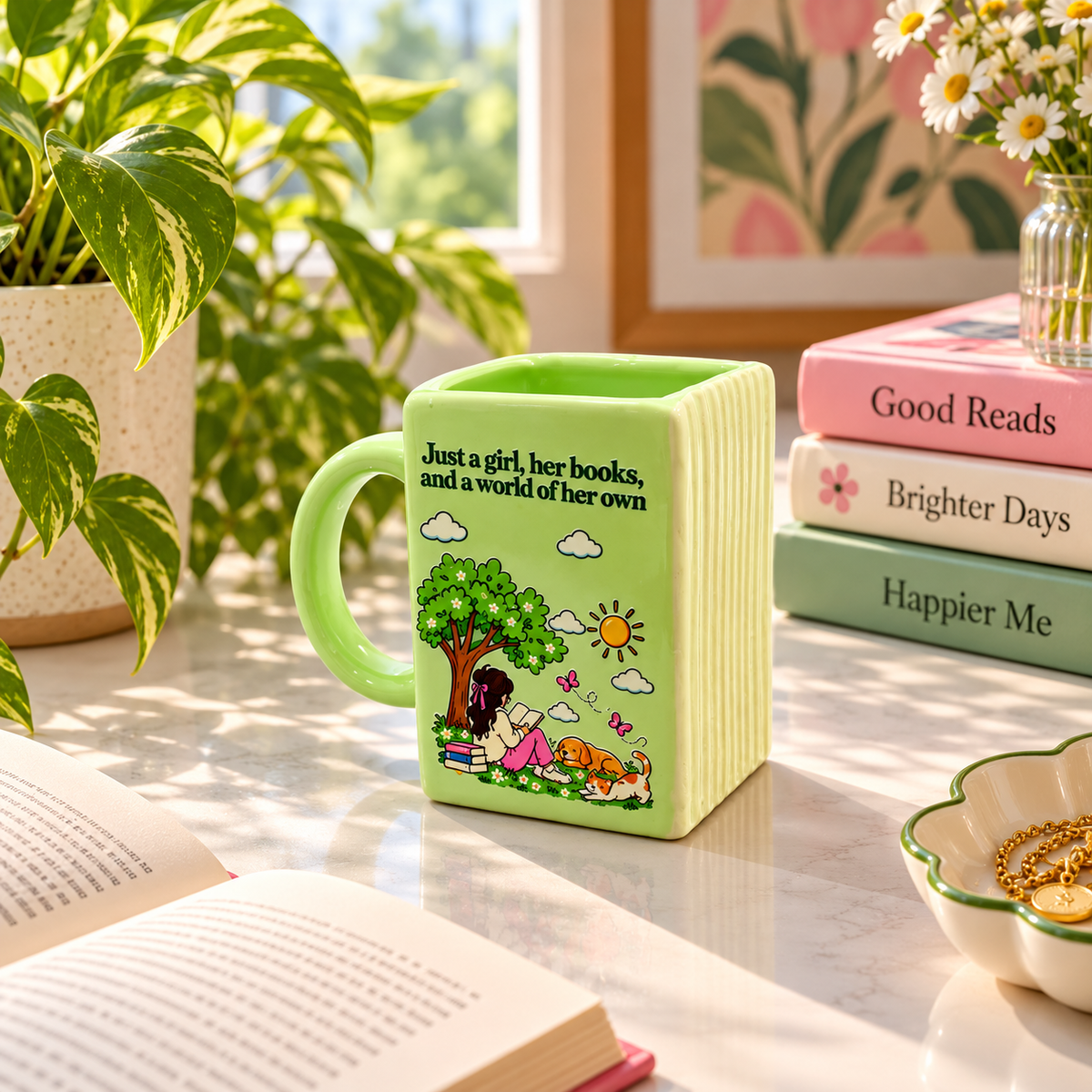 Just a Girl & Her Books- Green Ceramic Book Mug- UV DTF Stickers