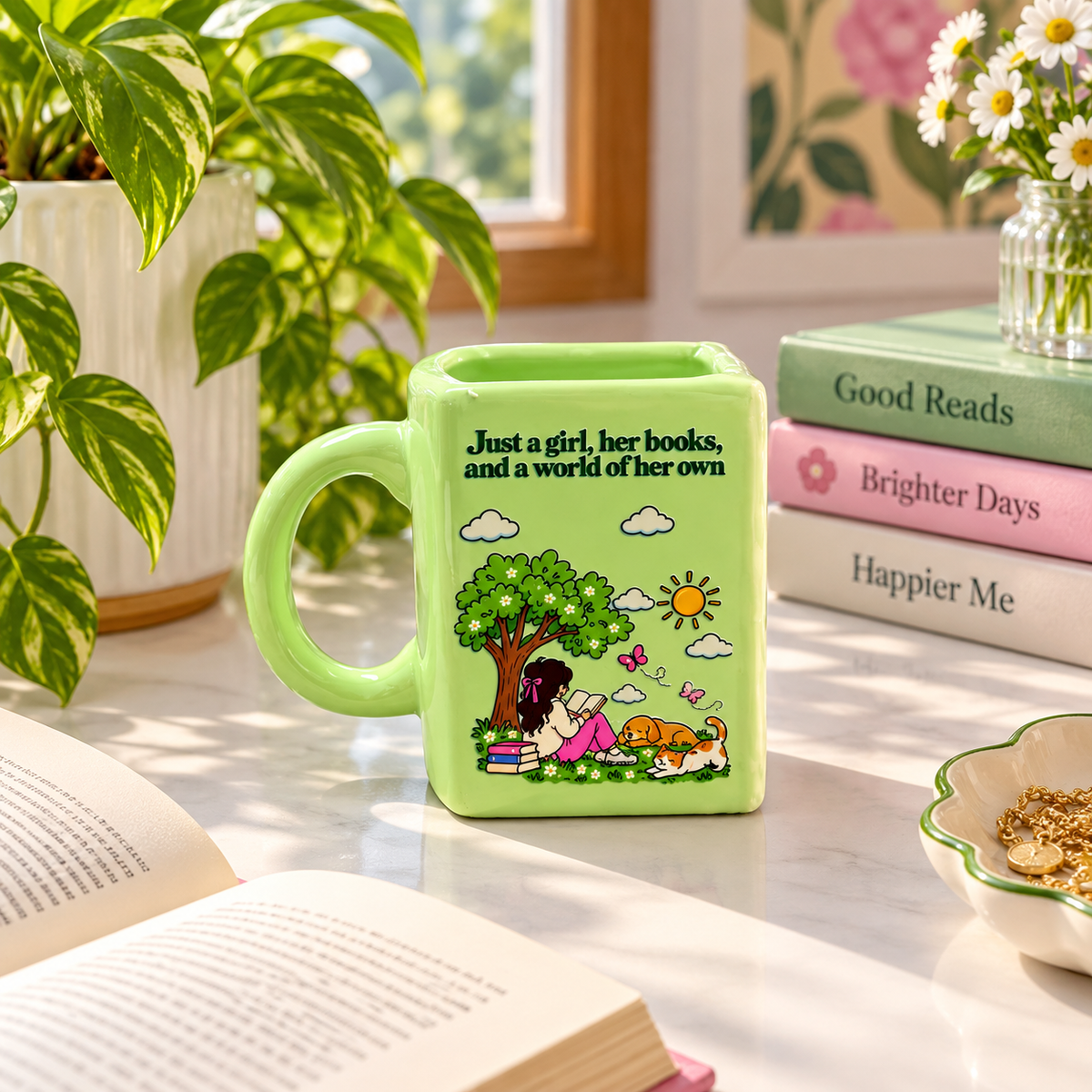 Just a Girl & Her Books- Green Ceramic Book Mug- UV DTF Stickers